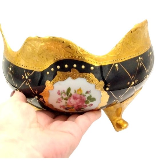 Limoge Design Cobalt Blue Hand Painted Porcelain Decorative Footed Bowl - Picture 4 of 6